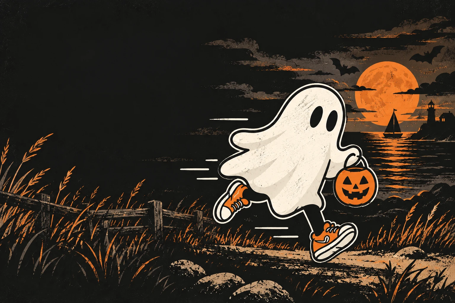 A friendly ghost running along the Touisset Point shoreline with a pumpkin bucket